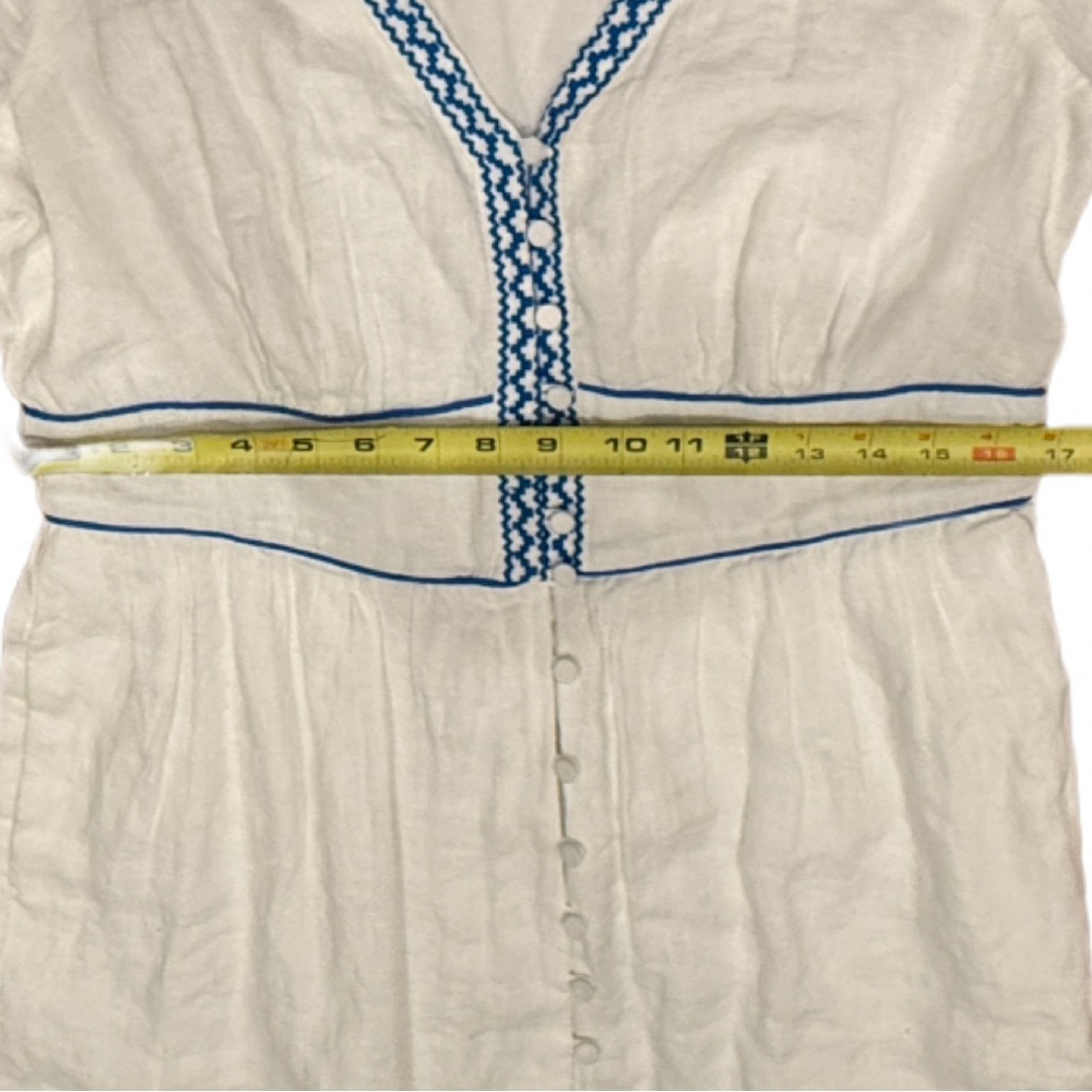 J.Crew White 100% Linen Embroidered Midi Dress Blue Ric Rac Button Front Size 12 - Picture 8 of 11